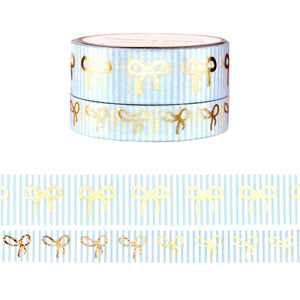 Seersucker Bow foil washi tape set in soft blue and light gold foil